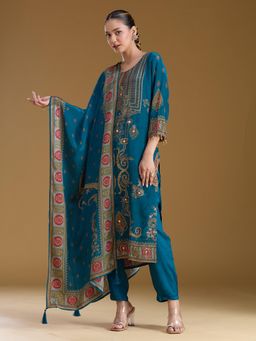 Koskii - Peacock Teal Threadwork Soft Raw Silk Readymade Kurta with Pant & Dupatta