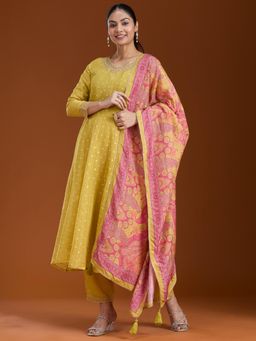 Koskii - Mustard Zariwork (Gold) Brocade Readymade Kurta with Pant & Dupatta