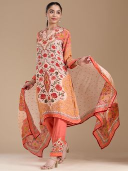 Koskii - Peach Crepe Readymade Kurta with Pant & Dupatta