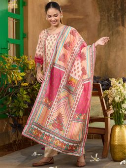 Koskii - Beige Mirrorwork Tissue Readymade Kurta with Pant & Dupatta