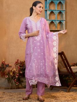 Koskii - Lavender Threadwork Chanderi Readymade Kurta with Pant & Dupatta