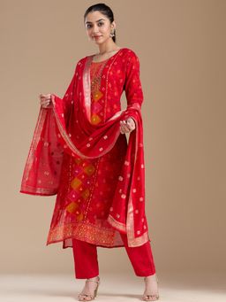 Koskii - Red Stonework Tissue Readymade Kurta with Pant & Dupatta