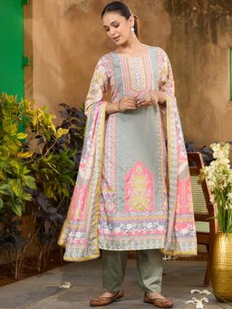 Koskii - Pista Green Stonework Tissue Readymade Kurta with Pant & Dupatta