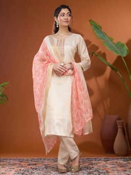 Koskii - Cream Threadwork Brocade Readymade Kurta with Pant & Dupatta