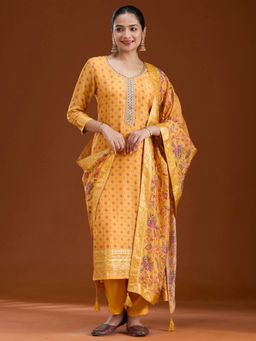 Koskii - Mustard Yellow Threadwork Soft Raw Silk Readymade Kurta with Pant & Dupatta