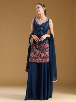 Koskii - Navy Blue Threadwork Georgette Readymade Kurti with Palazzo & Dupatta