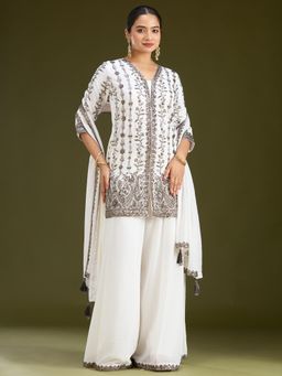 Koskii - White Embroidered Crepe Readymade Kurta with Palazzo & Dupatta