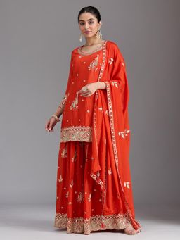 Koskii - Orange Zariwork (Gold) Chinon Readymade Kurti with Sharara & Dupatta