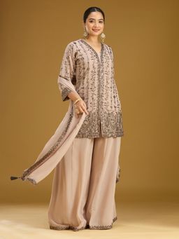 Koskii - Beige Cutdana Georgette Readymade Kurta with Palazzo & Dupatta