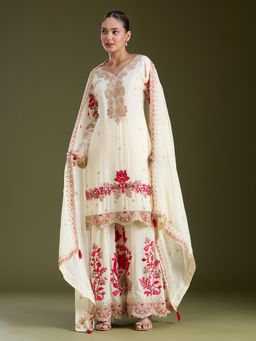 Koskii - Off White Zariwork (Gold) Crepe Readymade Kurta with Palazzo & Dupatta