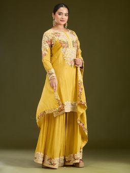 Koskii - Mustard Yellow Silver Zariwork Crepe Readymade Kurta with Sharara & Dupatta