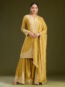 Koskii - Mustard Yellow Beads Soft Raw Silk Readymade Kurta with Sharara & Dupatta