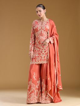 Koskii - Rust Zariwork (Silver) Crepe Readymade Kurta with Palazzo & Dupatta