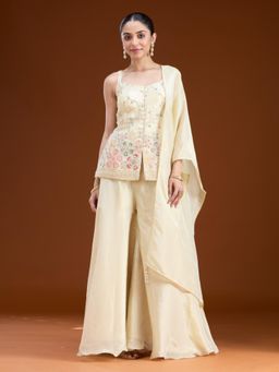 Koskii - Cream Beads Soft Raw Silk Readymade Top with Palazzo & Dupatta