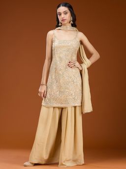 Koskii - Beige Cording Tissue Readymade Kurti with Palazzo & Dupatta