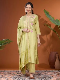 Koskii - Pista Green Threadwork Soft Raw Silk Readymade Kurta with Pant & Dupatta