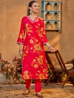 Koskii - Red Cording Soft Raw Silk Readymade Kurta with Pant & Dupatta