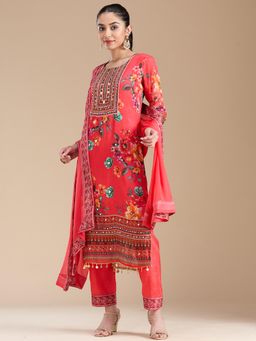 Koskii - Red Mirrorwork Crepe Readymade Kurta with Pant & Dupatta
