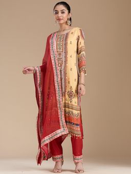 Koskii - Yellow Mirrorwork Crepe Readymade Kurta with Pant & Dupatta