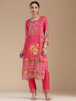 Koskii - Rani Pink Mirrorwork Crepe Readymade Kurta with Pant & Dupatta