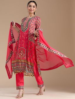 Koskii - Pink Mirrorwork Crepe Readymade Kurta with Pant & Dupatta