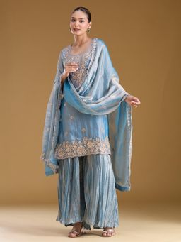 Koskii - Blue Threadwork Tissue Readymade Kurta with Palazzo & Dupatta