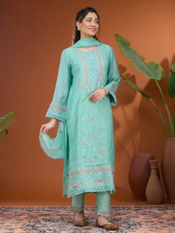 Koskii - Sea Green Threadwork Chanderi Readymade Kurta with Pant & Dupatta