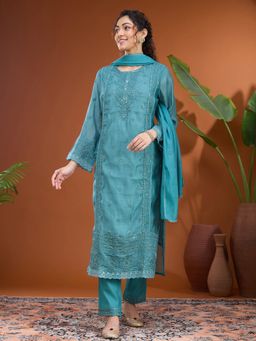 Koskii - Teal Threadwork Chanderi Readymade Kurta with Pant & Dupatta