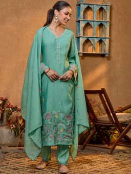 Koskii - Sea Green Threadwork Chanderi Readymade Kurta with Pant & Dupatta