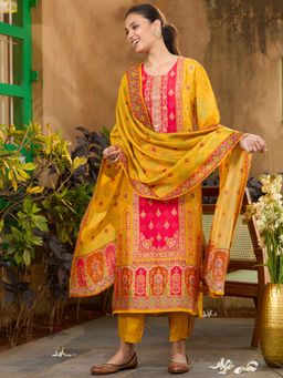 Koskii - Mustard Yellow Sequins Soft Raw Silk Readymade Kurta with Pant & Dupatta