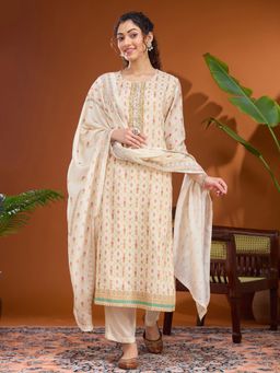 Koskii - Cream Cutdana Soft Raw Silk Readymade Kurta with Pant & Dupatta