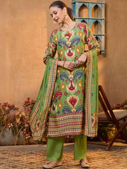 Koskii - Green Stonework Soft Raw Silk Readymade Kurta with Pant & Dupatta