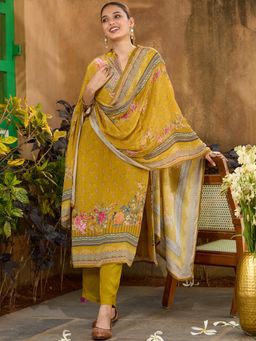 Koskii - Mustard Yellow Cutdana Satin Readymade Kurta with Pant & Dupatta