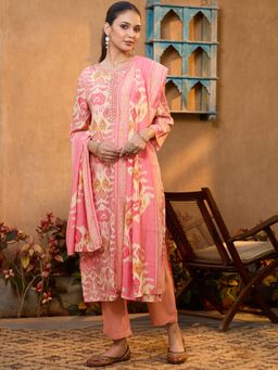 Koskii - Peach Sequins Chanderi Readymade Kurta with Pant & Dupatta