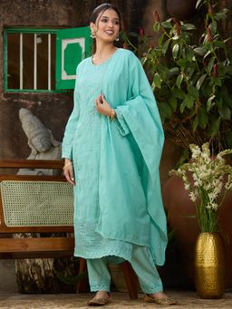 Koskii - Sea Green Threadwork Chanderi Readymade Kurta with Pant & Dupatta