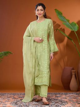 Koskii - Pista Green Threadwork Chanderi Readymade Kurta with Pant & Dupatta