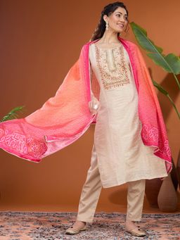 Koskii - Beige Threadwork Tissue Readymade Kurta with Pant & Dupatta