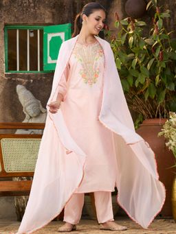 Koskii - Pink Cording Chanderi Readymade Kurta with Pant & Dupatta