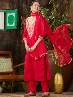 Koskii - Red Threadwork Chanderi Readymade Kurta with Pant & Dupatta