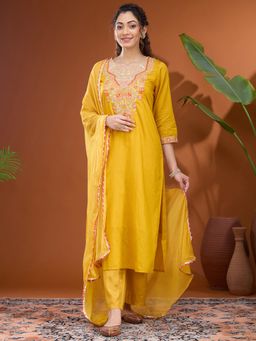 Koskii - Mustard Yellow Threadwork Chanderi Readymade Kurta with Pant & Dupatta