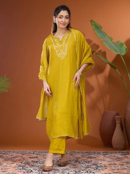 Koskii - Mustard Yellow Mirrorwork Chanderi Readymade Kurta with Pant & Dupatta