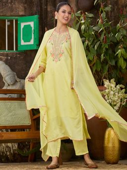 Koskii - Yellow Cording Chanderi Readymade Kurta with Pant & Dupatta