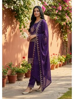 Koskii - Purple Zariwork (Antique) Soft Raw Silk Readymade Kurta with Palazzo & Dupatta
