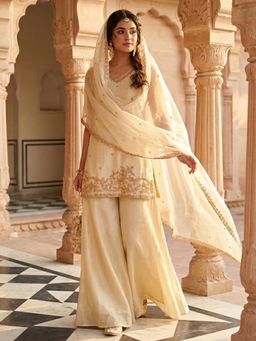Koskii - Cream Cutdana Tissue Readymade Kurti with Palazzo & Dupatta