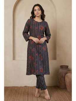 W - Charcoal Black Floral Printed Crepe Co-Ord Set