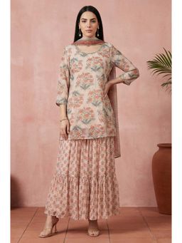 W - Beige Floral Printed Lace Straight Kurta with Sharara And Dupatta