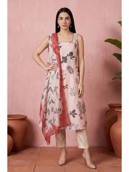 W - Cream Floral Printed Chanderi A-Line Kurta with Pant And Dupatta