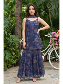 W - Navy Blue Floral Printed Chiffon Straight Kurti with Sharara & Dupatta