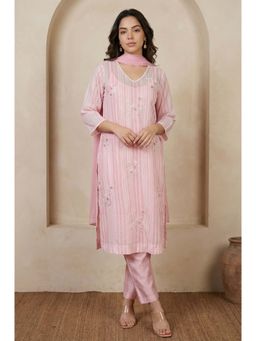 W - Pink Thread Embroidered Striped Organza Straight Kurta with Pant And Dupatta