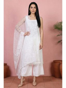 W - Lace Floral Printed Straight Kurta with Palazzo And Dupatta in White